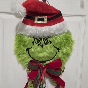 Grinch Christmas Wreath with Santa Hat